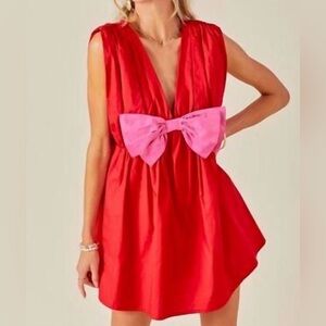 Day + Moon Bow Poplin Mini Romper Dress Red Pink Size L